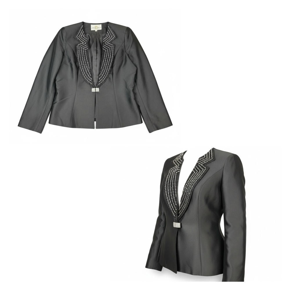 Vintage 90s Anna Rossi Black Hand-Beaded Silk Wool Evening Blazer Jacket Size 16